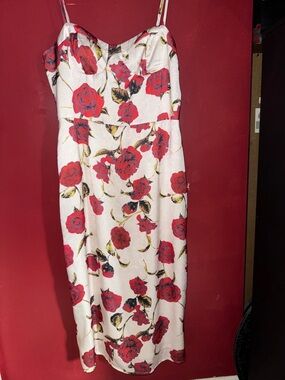 White Floral Midi Dress with Red Rose Print